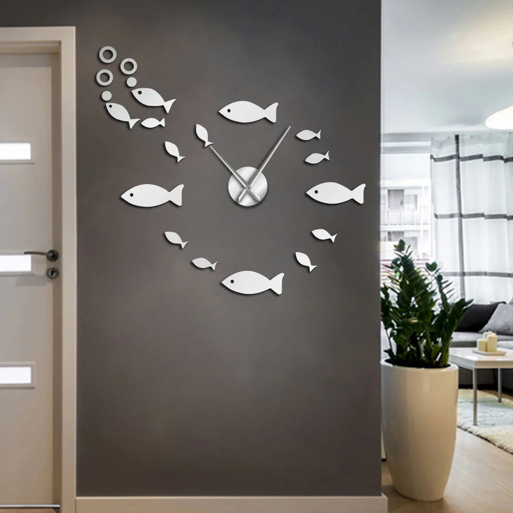 Fish With Bubble DIY Giant Wall Clock Mirror Effect Wall Art Home Decor Aquarium Decoration Frameless Big Needle Clock Watch 5