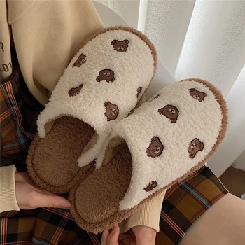 Zapatillas de casa para mujer cálidas y antideslizantes con estampado de oso y dibujos animados, zapatos de casa para adultos, para Otoño e Invierno 1