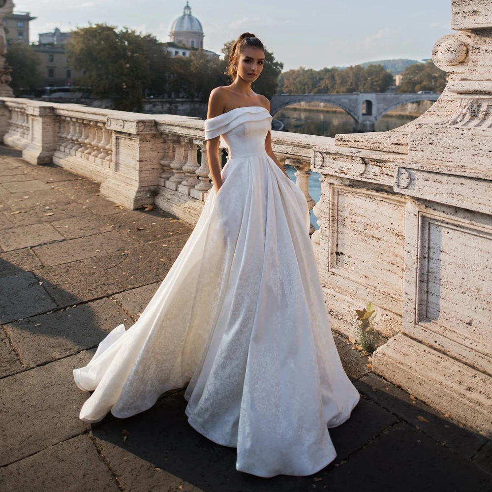 Gorgous A ラインのウェディングドレスオフショルダーボートネックシンプルスイープトレインレースのウェディングドレス Vestido デ Noiva ウェディングドレス Aliexpress