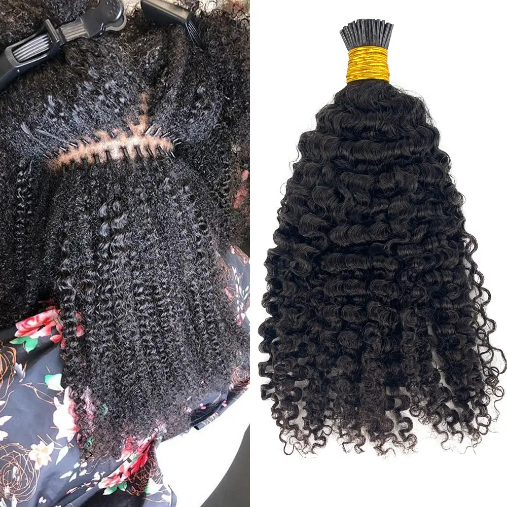 

3B 3C Afro Kinky Curly Human Hair Brazilian Virgin Hair I Tip Hair Microlinks Extensions Bulk Natural Black Color For Women