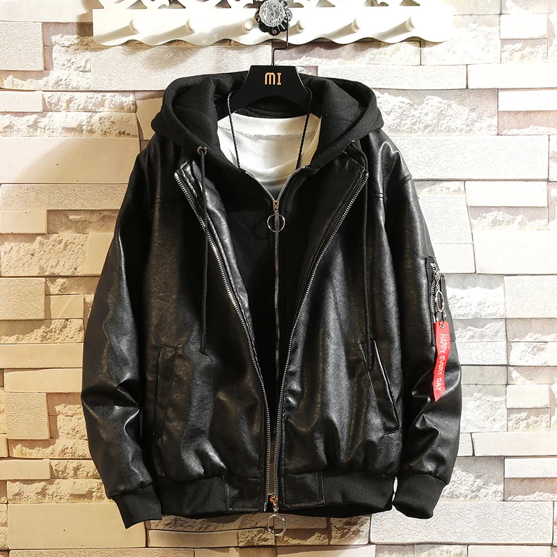 

Nice Pop Autumn Winter Motorcycle PU Leather Jacket Men Windbreaker Hood Outwear Warm Baseball Jackets Plus Asian Size M-5XL