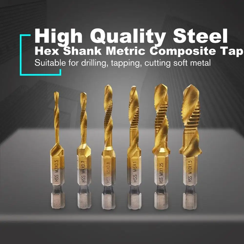 

6pcs Hex Shank Metric 2-in-1 Composite Tap Set High Speed Steel Multi-function Composite Tap Hex Shank Drill Bits Set