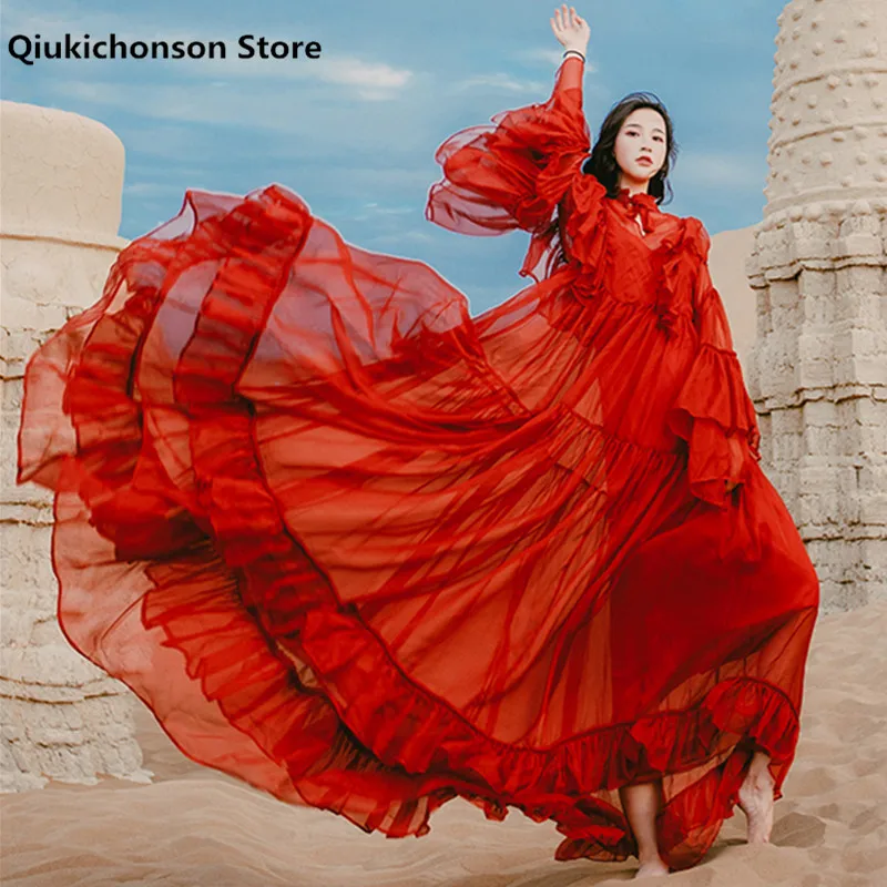 Женское шифоновое платье макси в богемном стиле Красное Длинное винтажное для