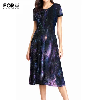 

FORUDESIGNS Beautiful Galaxy Design Women's Dresses 3D Print Short Sleeve Unique Casual Summer Clothes Flared Midi A Line Dress