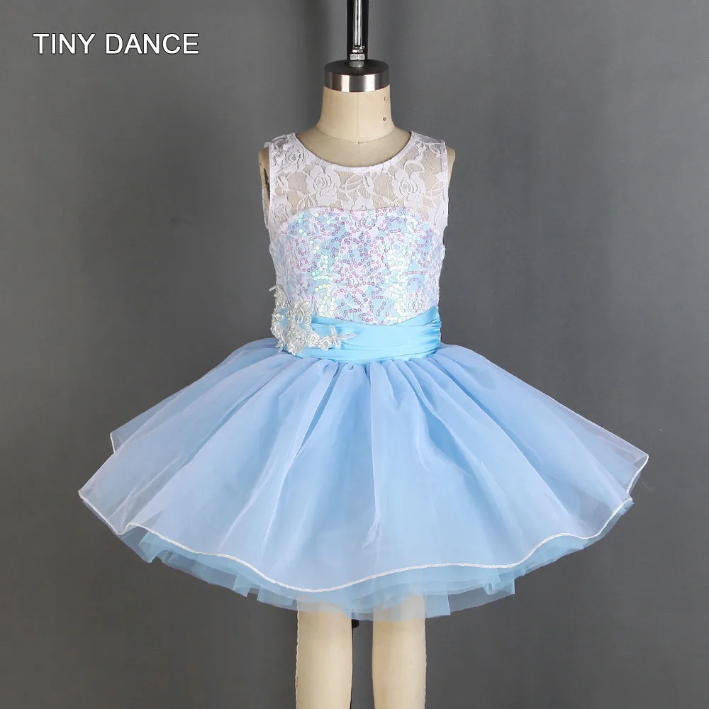 

Girls Ballet Dance Tutu Costume White Sequin Lace and Spandex Top Bodice with 4 Layers of Pale Blue Platter Tutu Dress 20053