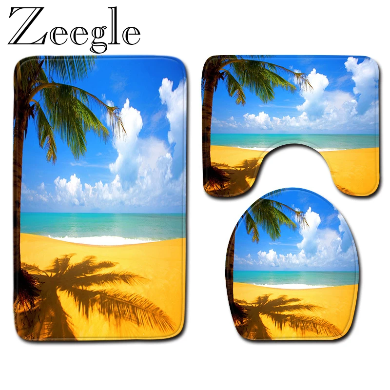 Zeegle Romantic Beach Printed Bath Rugs Bathroom Set 3pcs/set Bathroom Carpet Set Decor Toilet Seat Tank Cover Rug