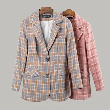 

GOOHOJIO 2020 New Fashion Autumn Plaid Blazers and Jackets Women Work Office Lady Slim Single Breasted Business Coats for Women