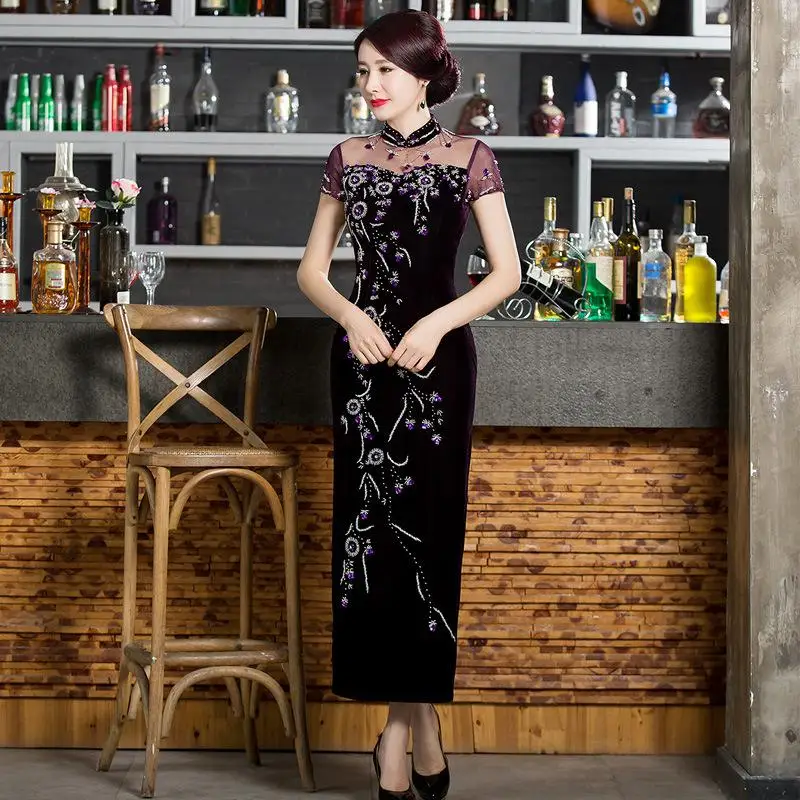 Мандарин Воротник Qipao элегантный леди цветок Cheongsam синий сексуальный тонкий вечернее платье бархат Винтаж с высоким разрезом велюр Vestidos - Цвет: Style 1 Purple Long