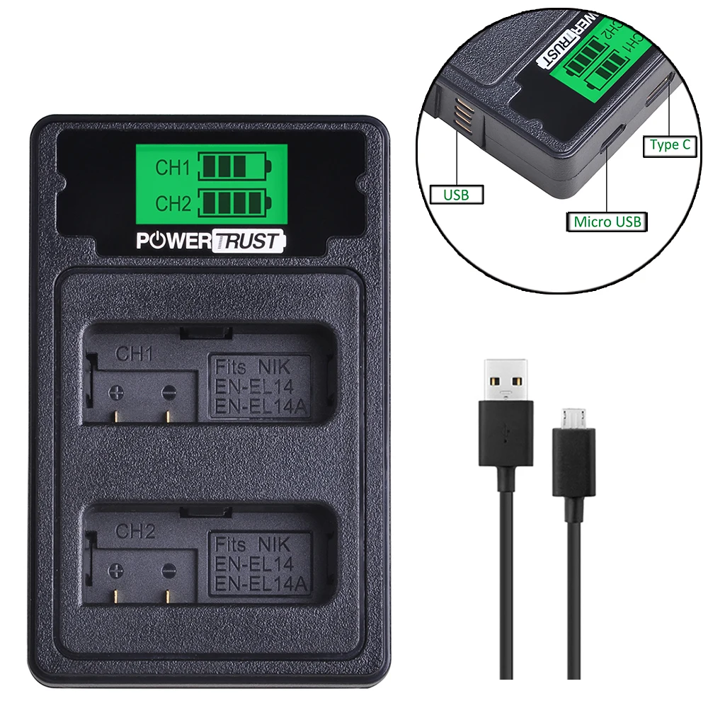 

PowerTrust ENEL14 EN-EL14A EN-EL14 EN EL14 LCD USB Battery Charger for Nikon P7800,P7100,D3400,D5500,D5300,D5200,D3200,D3300