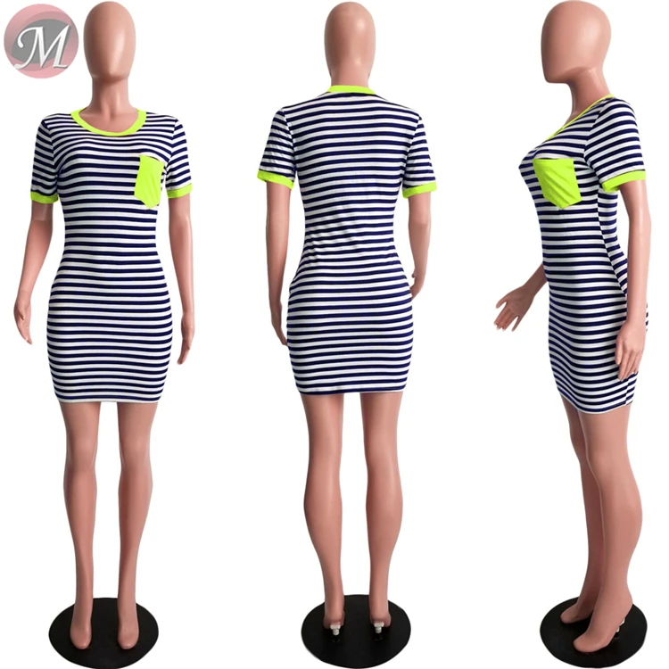 9062707 queenmoen hot sale summer casual woman stripe t-shirt mini dress with solid pocket