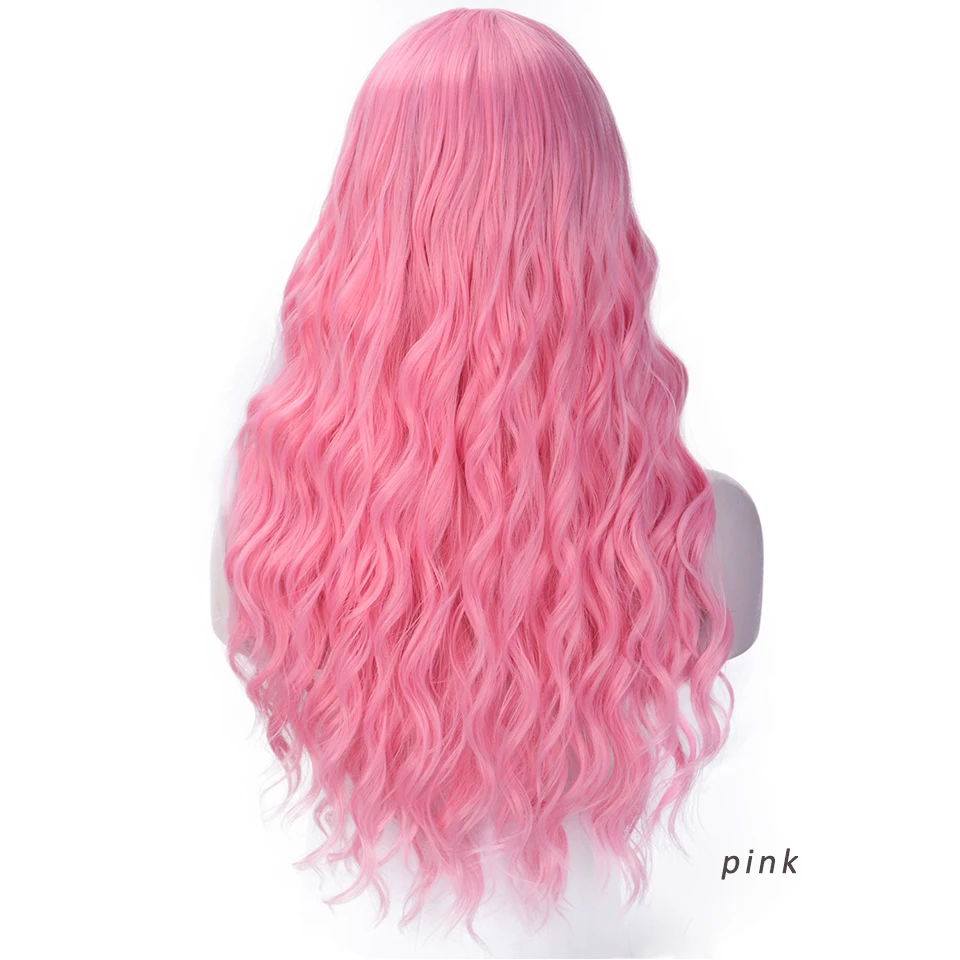 AISI QUEENS, Длинные Синтетические парики для женщин, косплей, парики с челкой, коричневый, серый, волна воды, натуральные волосы, средний размер, синтетический парик - Цвет: pink