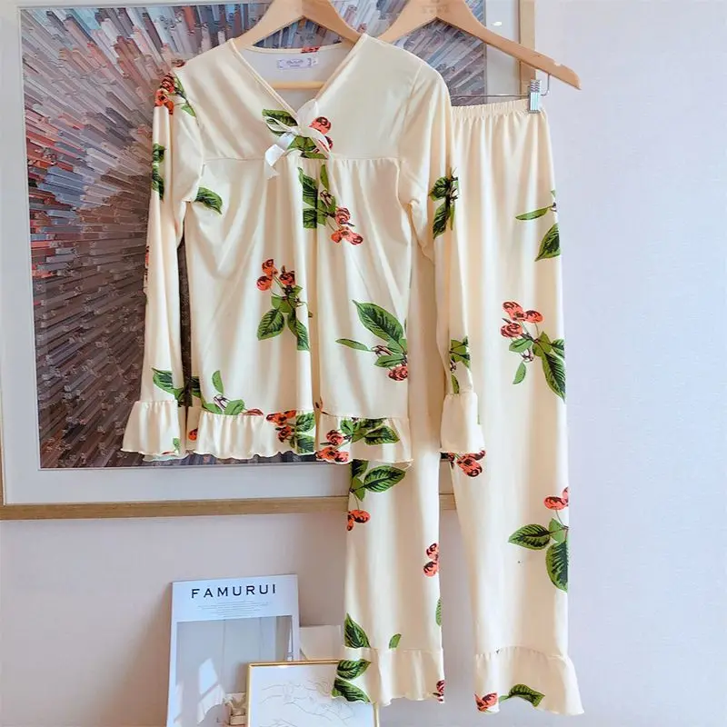 Осенняя Шелковая пижама с круглым вырезом и милым бантиком для женщин размера плюс, женская одежда для сна,, комплект из 2 предметов для сна для девочек, ночная рубашка - Цвет: 1053B