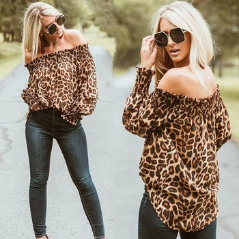

Women Lady Casual Shirt Off Shoulder Leopard Print Blouse Long Sleeve Tops