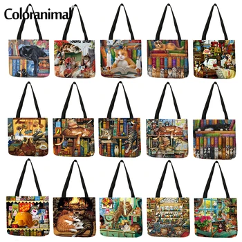 

Coloranimal Popular Oil Painting Cat Print Women Tote Bags Linen Reusable Shopping Bag Shoulder Bag for Women 2020 sac a main