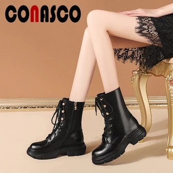 

CONASCO Fashion Martin Boots Ankle Boots For Women Genuine Leather Shoes Woman Pearl Lace-Up Side Zipper Casual Motorcycle Boots
