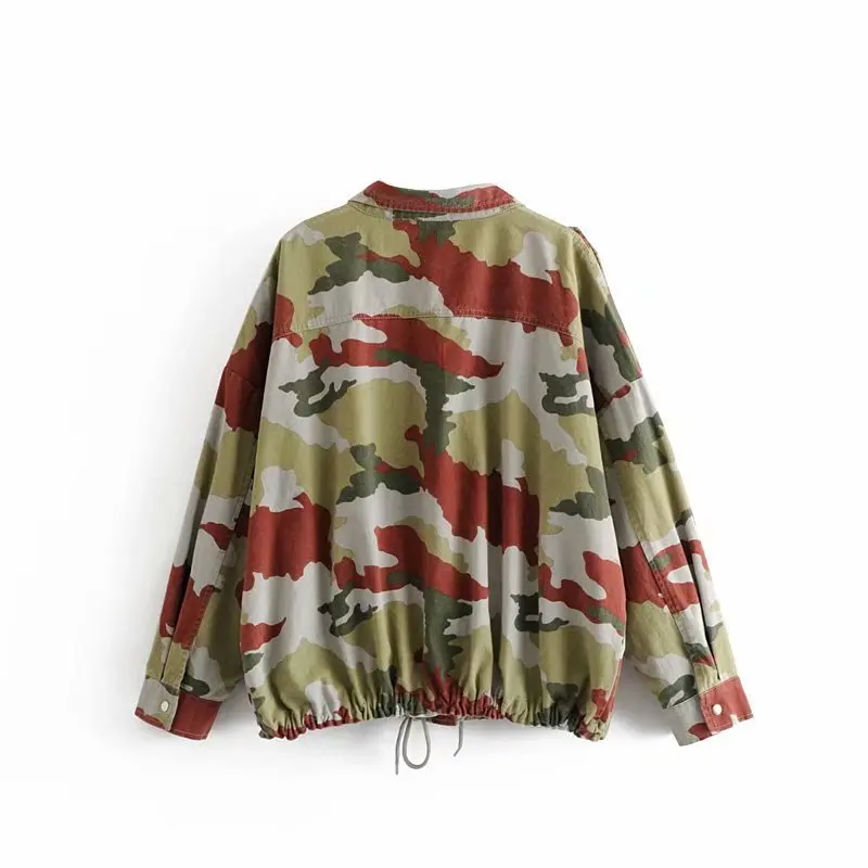 

2018 Autumn New Style Fold-down Collar Long Sleeve Loose-Fit Camouflage Jacket WOMEN'S Coat Q3107