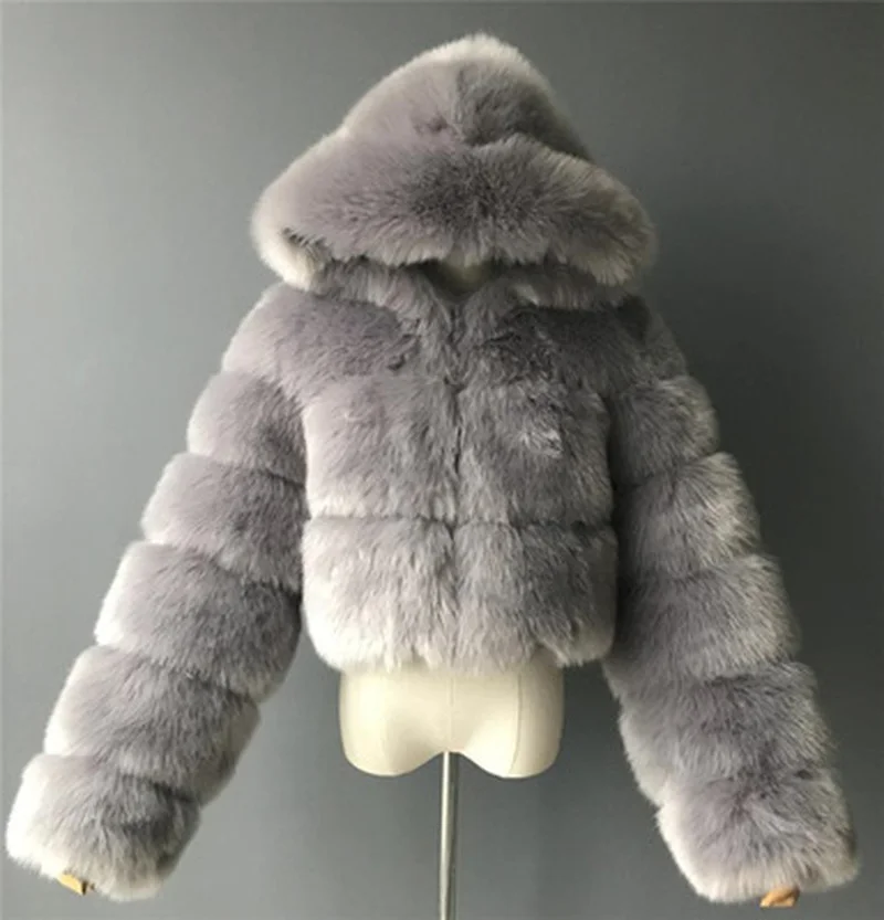 High Quality Furry Cropped Faux Fur Coats and Jackets Women Fluffy Top Coat with Hooded Winter Fur Jacket Manteau Femme