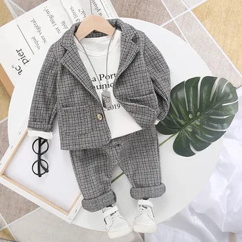 

2020 children's suit Boy's handsome plaid two-piece British style long sleeve for children suit