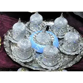 

6 person coffee set crystals silver color porcelain with lid