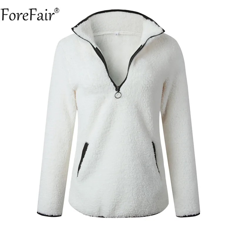 Forefair/флисовая меховая толстовка на молнии с высоким воротником; осенне-зимний женский пуловер с длинными рукавами и карманами; Теплый белый плюшевый свитер