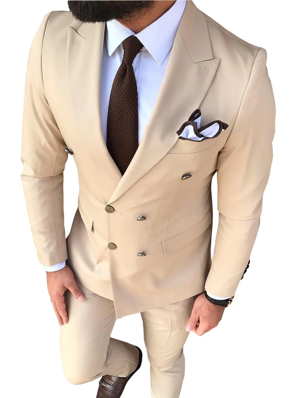 Мужской костюм, приталенный, бежевый, 2 предмета, с отворотом, v-образный вырез, элегантный смокинг для свадебных женихов, мужские костюмы, мужские(пиджак+ брюки - Цвет: Шампанское