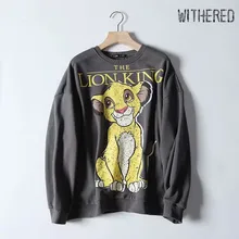 Увядшие толстовки с капюшоном, Женская толстовка, высокая уличная винтажная, Король Лев, Милый принт, круглый вырез, большие размеры, махровые Хлопковые женские пуловеры, топы