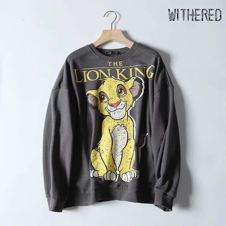  Withered hoodies sweatshirt women high street vintage lion king cute printing o-neck oversize terry