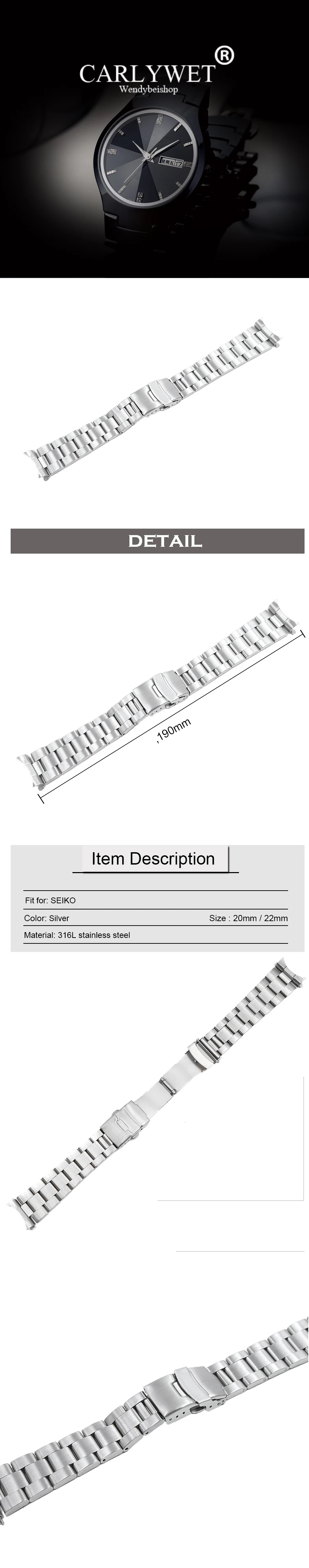 CARLYWET 20 22mm Silver Brushed Hollow Curved End Solid Links Replacement Watch Band Strap Bracelet Double Push Clasp For Seiko