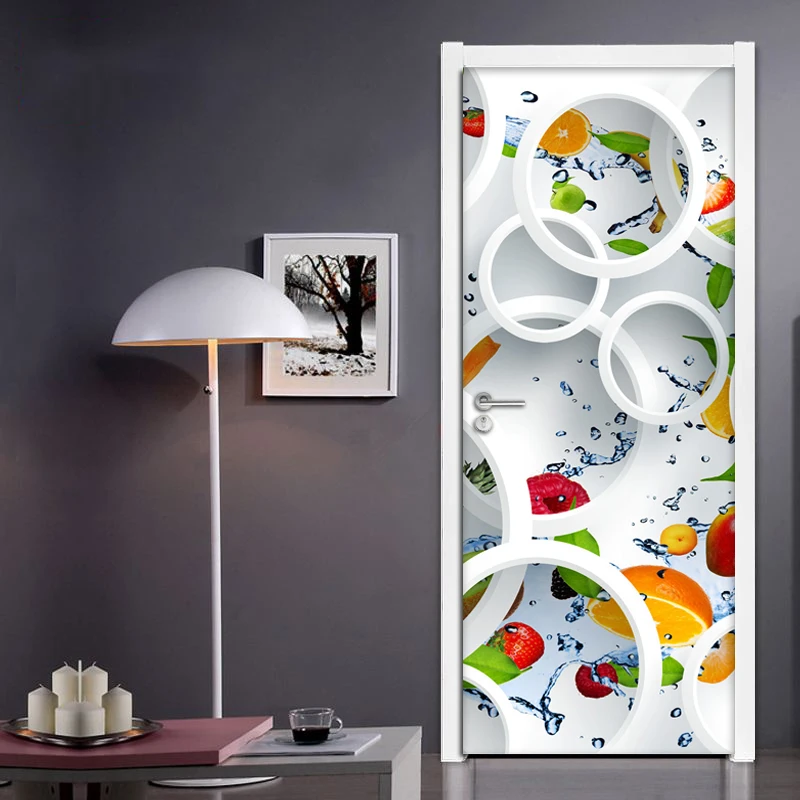 3D белые круги фрукты дверь стикер обои Ресторан Кухня Водонепроницаемый самоклеющиеся двери стикер s домашнее оформление, фотообои