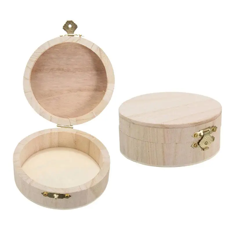 

9.8*9.8*4.3cm Round Wooden Box Storage Case Jewelry Box Storage Boxes Organizer Craft Mud Base Lid Golden Lock Home Storage New