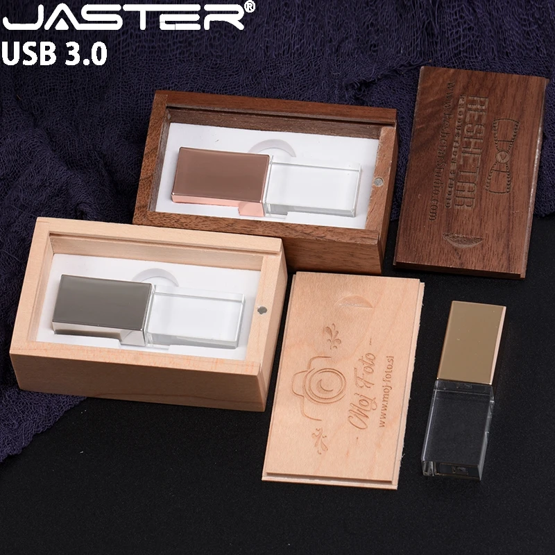 JASTER USB 3,0, деревянная коробка, Кристальный флеш-накопитель, USB флеш-накопитель, 4 ГБ, 8 ГБ, 16 ГБ, флешка, 32 ГБ, 64 ГБ, 128 ГБ, USB флешка с индивидуальным логотипом