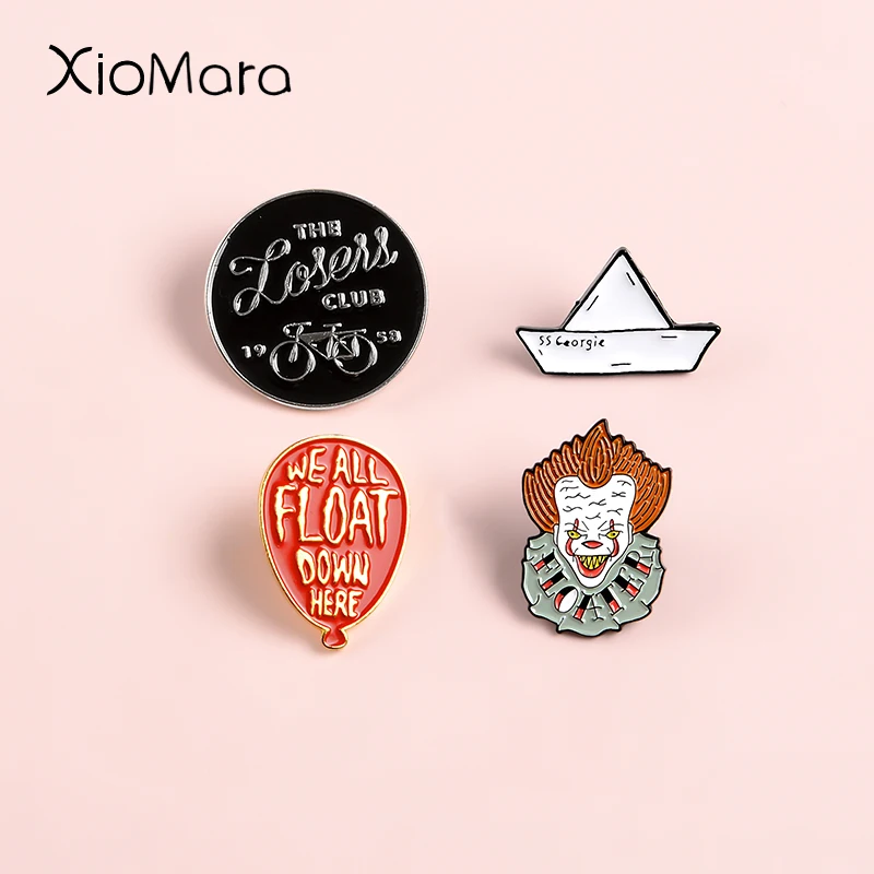

We all float down here ! Pennywise Stephen King's IT Movie jewelry Halloween Clown Paper Boat Enamel pin Badge Brooch Lapel pins