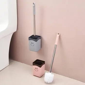 

Cute Smile Face Long Handle Wall Mounted Toilet Cleaning Brush Holder Set Stainless steel handle and brush adopt thread