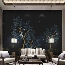 Пользовательские Настенные обои 3D пространство голубые листья черный фон настенные украшения живопись