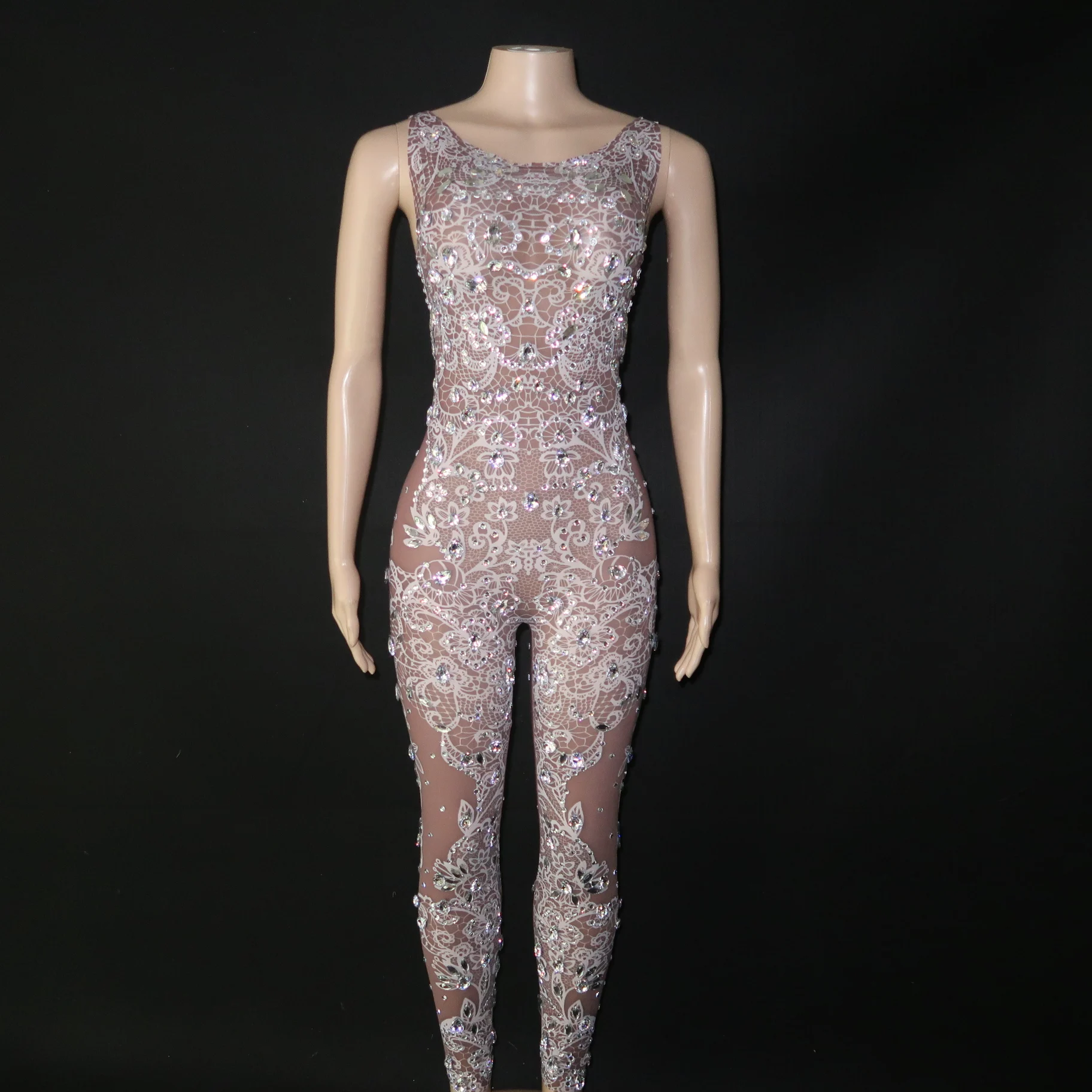 

Silver Rhinestones White Lace Printed Mesh Jumpsuit Sexy Female Singer Show Bodysuit Leggings Evening Crystals Costume