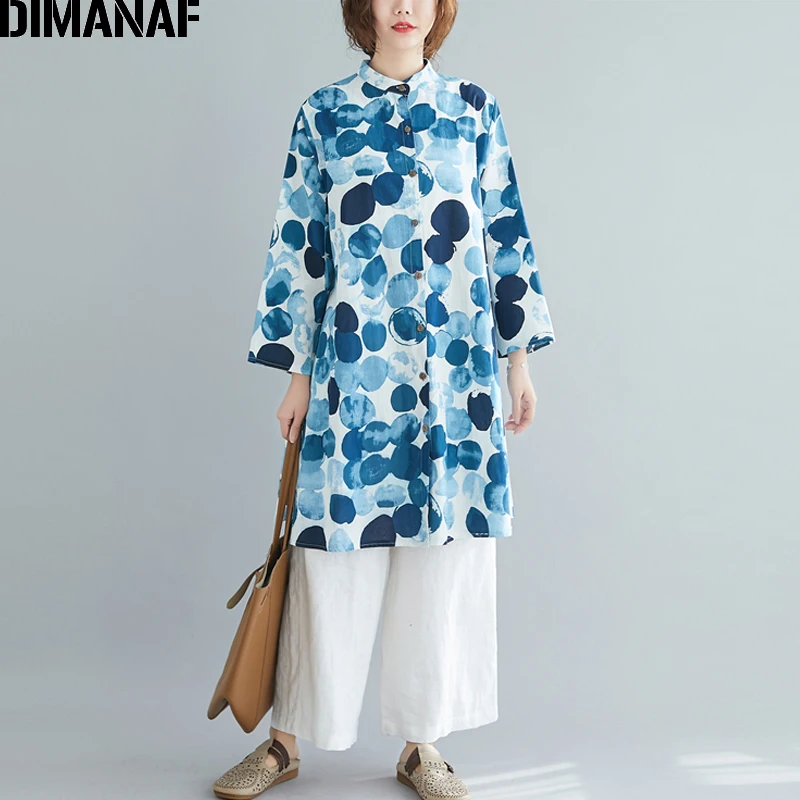 

DIMANAF Plus Size Women Blouse Shirts Spring Lady Tops Tunic Cotton Linen Loose Long Sleeve Print Dot Casual Female Cardigan