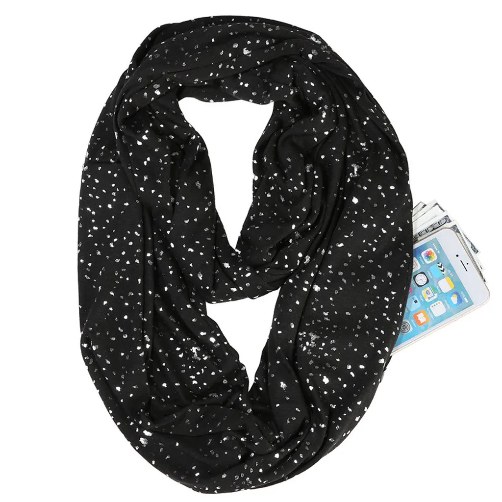 new autumn Winter Fashion Women Nice 2Circle Printing Sequins Zipper Storage Pocket Scarf Cowl Neck Long Scarf Shawl#1003