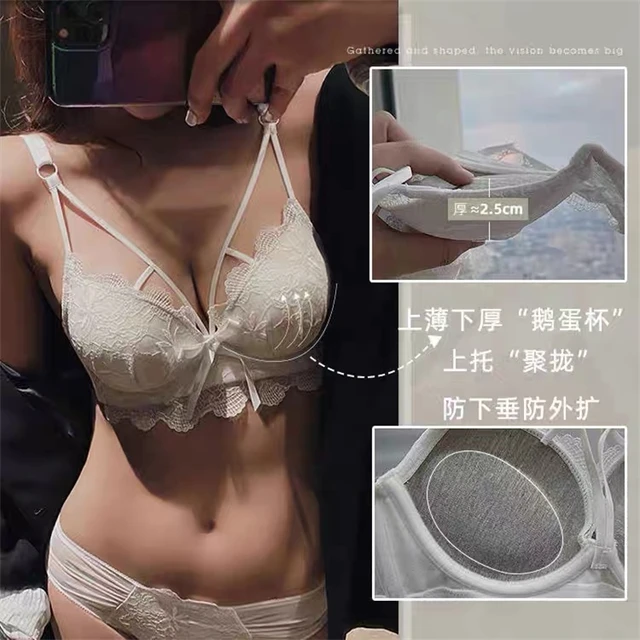 Double-shoulder straps sexy lace edges gathered adjustable soft steel ring upper support small chest thickened breasts bra 4