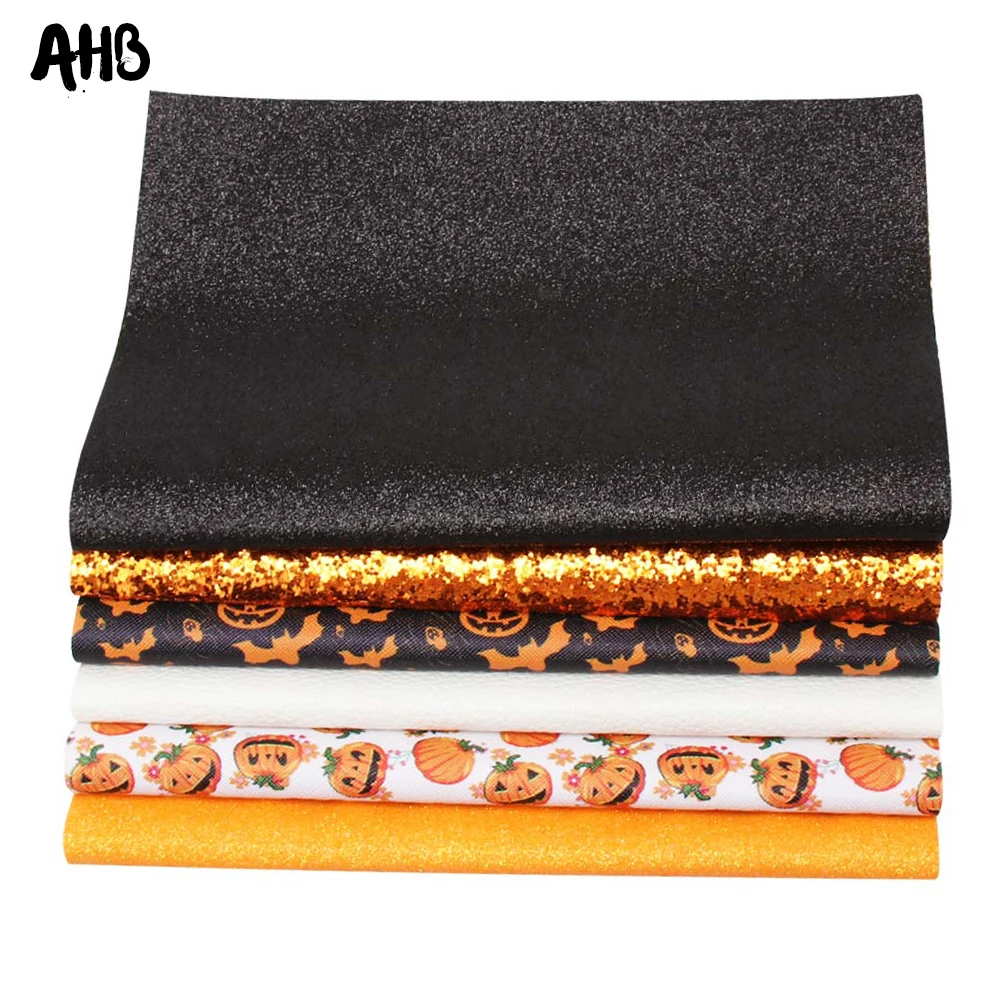 

AHB 22*30cm Halloween Faux Leather Pumpink Bat Printed Synthetic Leather Glitter Fabric for DIY Hair Bow Bags Material 6pcs/set