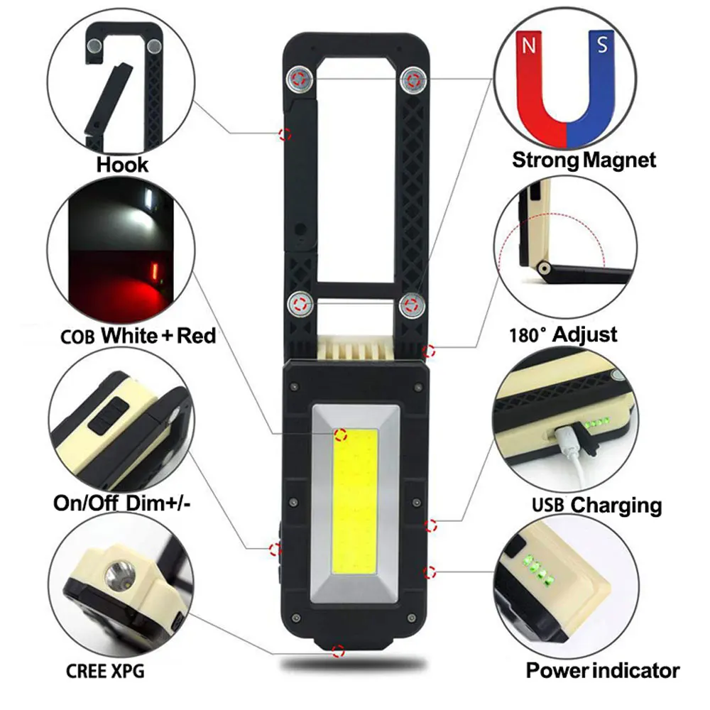 10 Вт светодиодный рабочий светильник Перезаряжаемый usb встроенный аккумулятор cob xpe светильник с пластиковым крючком Магнитный деформируемый водонепроницаемый рабочий светильник