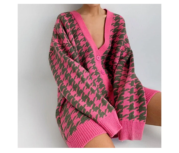 Waliicorners Women Oversized Knitted Sweater Jackets Vintage Harajuku Long Sweater Elegant Houndstooth Oversized Cardigan 22 Hdbce02709dfd417ca3b80e7a20daa15b0