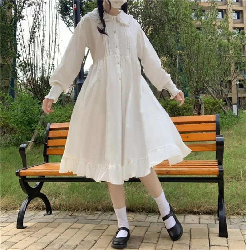 Japanese Fashion Sweet Kawaii Elegant White Dress 2020 Autumn Peter Pan Collar Long Sleeve A-Line Loose Dresses Woman Clothing