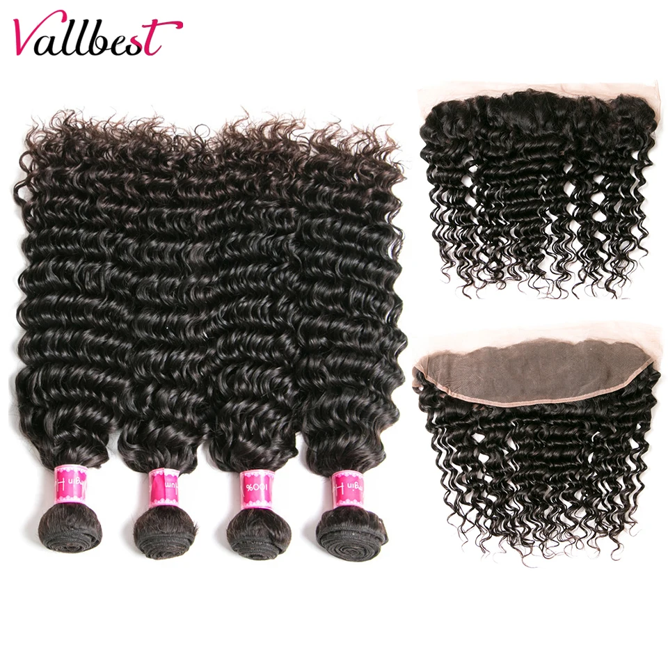 

Vallbest Lace Frontal With 4 Bundles Brazilain Deep Wave Ear To Ear Lace Frontal Jet Black Remy Deep Wave Bundles With Frontal