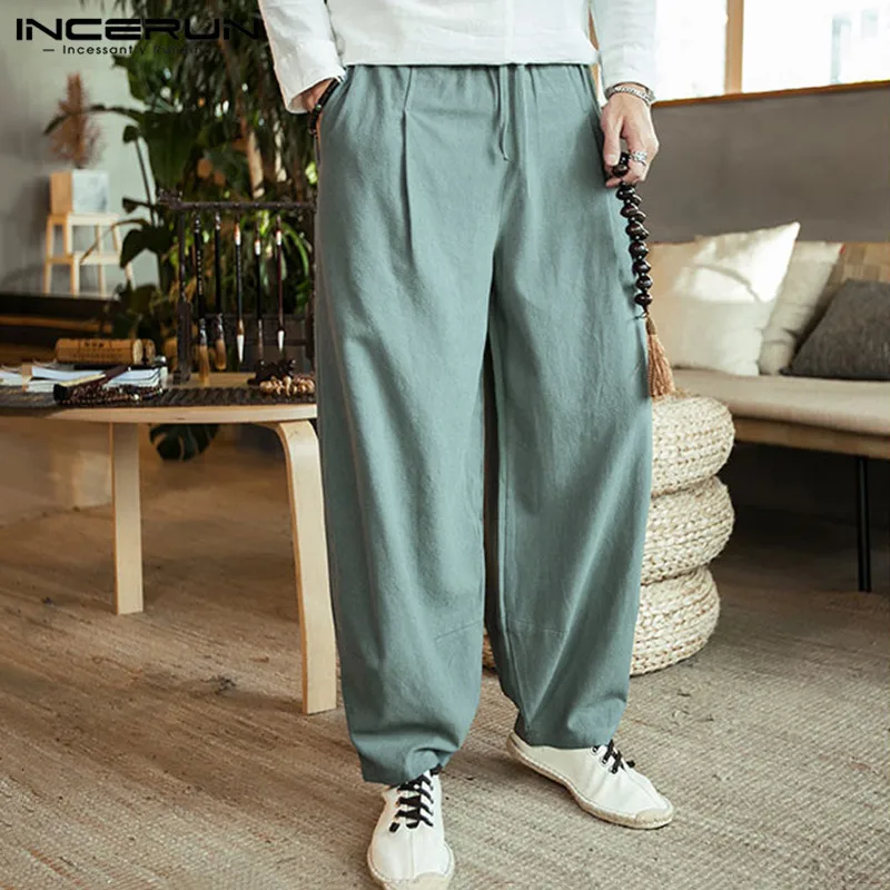 mens solid color baggy loose drawstring casual cotton harem pants