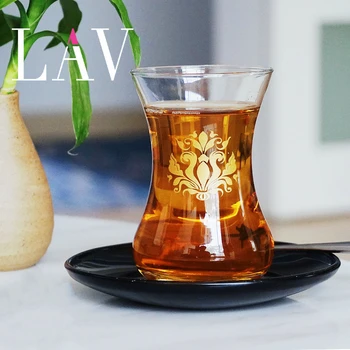 

LAV Turkey Courtly Style Black Tea Cup And Saucer Kits Slim Waist Gold Leaf Pattern Espresso Coffee Mug Shot Glass Teacup Sets