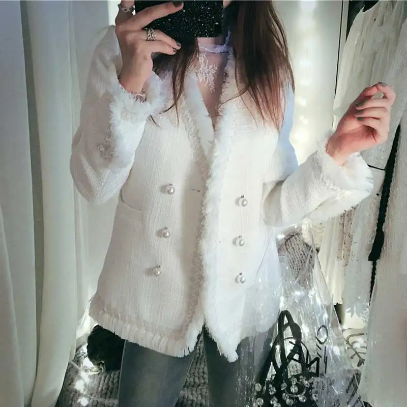 

Boho Inspired woolen white Tweed jacket blazer high fashion fringe hem jacket Women 2019 winter ladies Breasted coat jacket