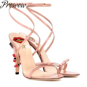 

OllyMurs New Gold Pink Bowtie Snake Shape Summer Sandals Open Toe HIgh Heel Sandals Shoes Women