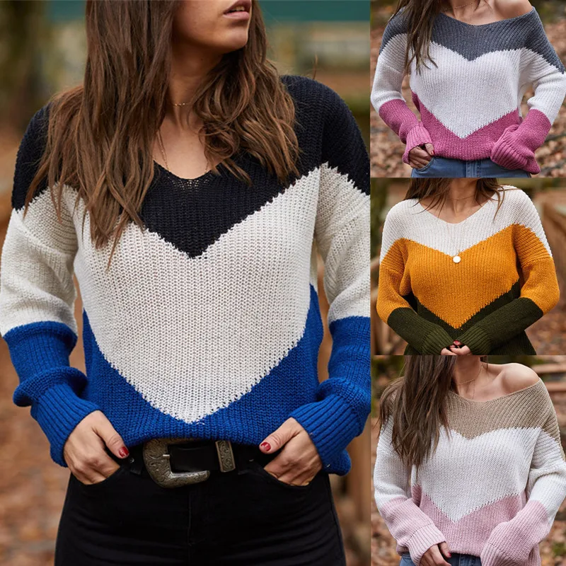 2022 New Style for Autumn and Winterand Knitted Sweater Pullovers Color Matching V-neck Long Sleeve Loose | Женская одежда