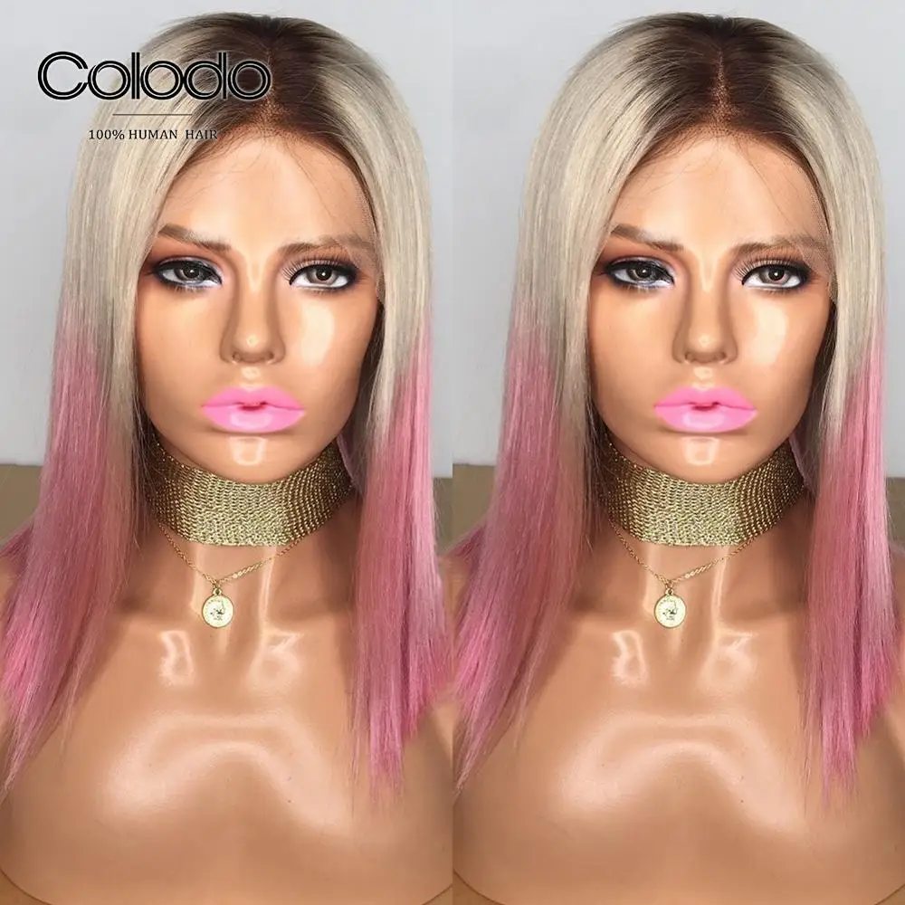 

COLODOO Three Color Ombre Lace Front Wig Brazilian Remy Straight Human Hair Wigs Pink Bob Lace Front Wigs for Black Women