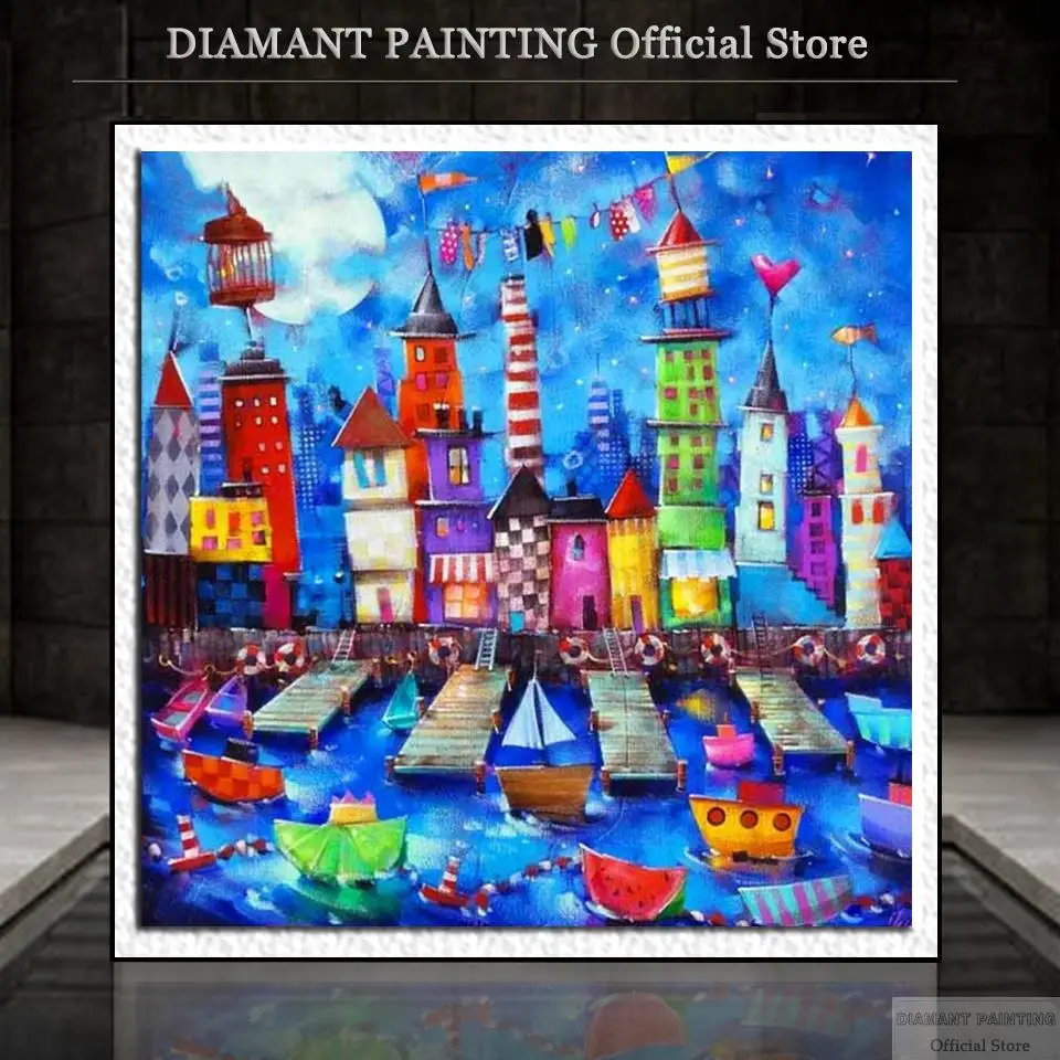 5D DIY Diamond Painting Abstract Colors House Handicraft Rhinestone Kit Sale Diamond Embroidery Town Landscape Home Decoration